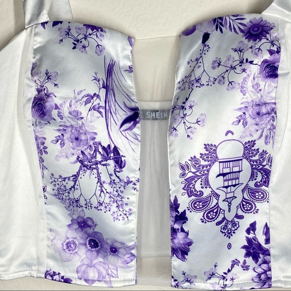 SHEIN Floral Crop Top White Purple Medium - Picture 3 of 5